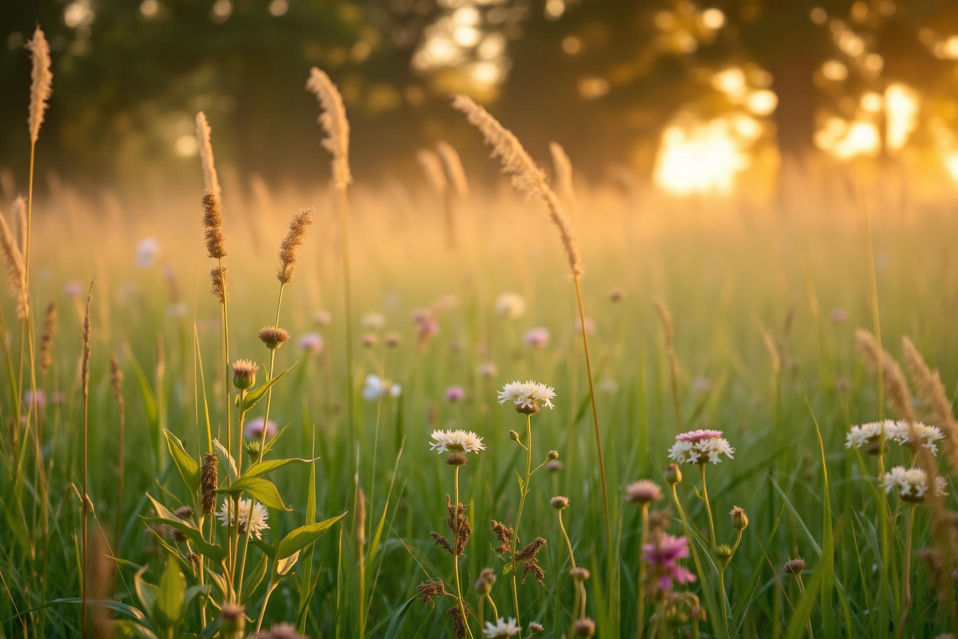 Wildflower meadow at dawn, mist rising through golden light