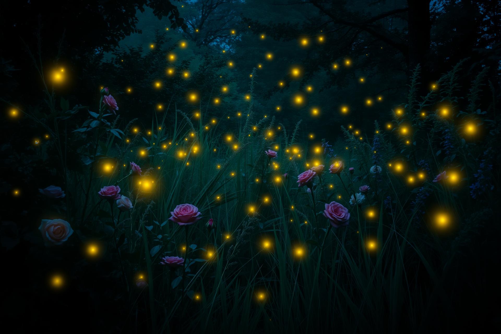 Twilight garden glade glowing with fireflies among wild roses